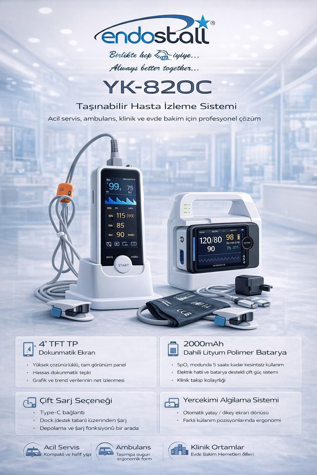 Endostall Konsol Tipi Pulse Oksimetre YK-820C